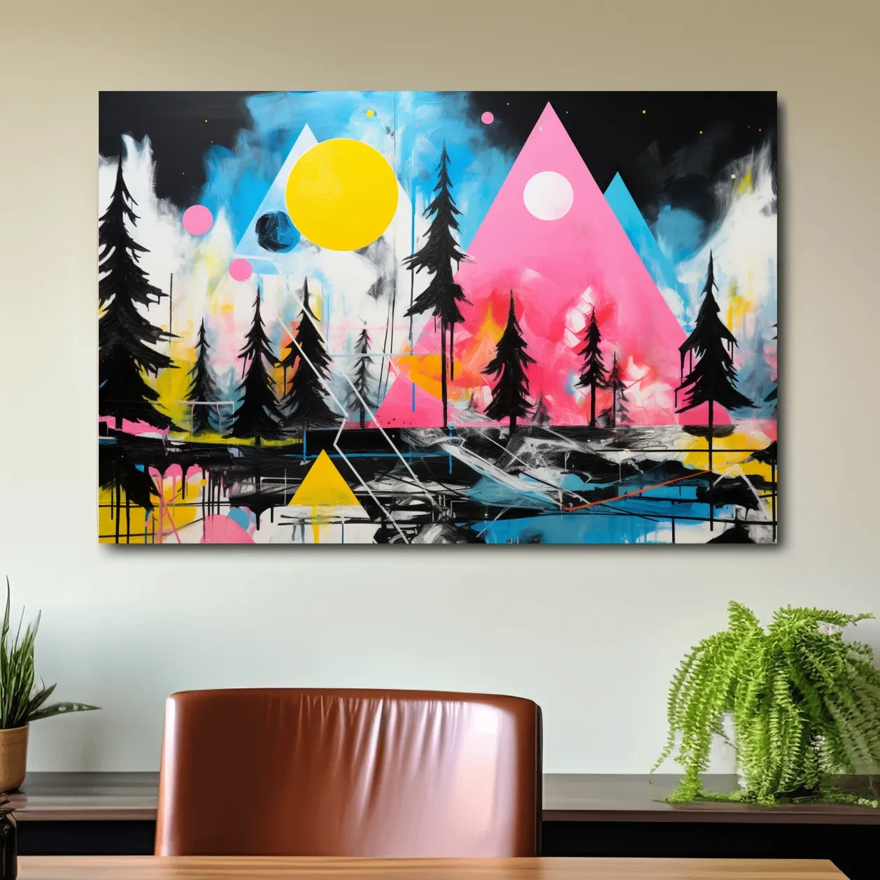 Abstract acrylic painting, mountain shapes and trees