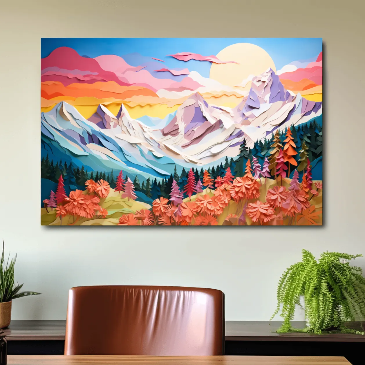 Paper cutout style art of alpine flowers at sunset