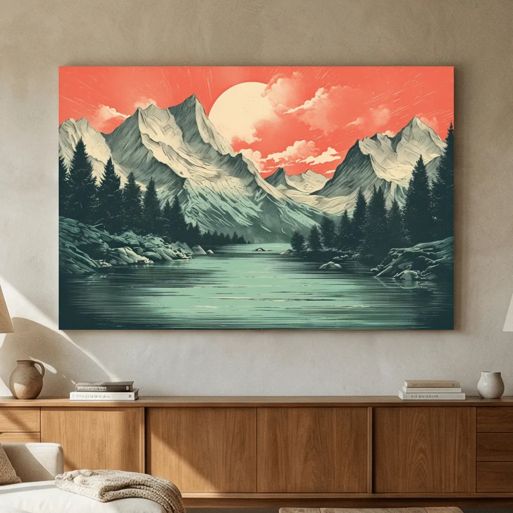 Risograph style illustration of an alpine lake at sunset