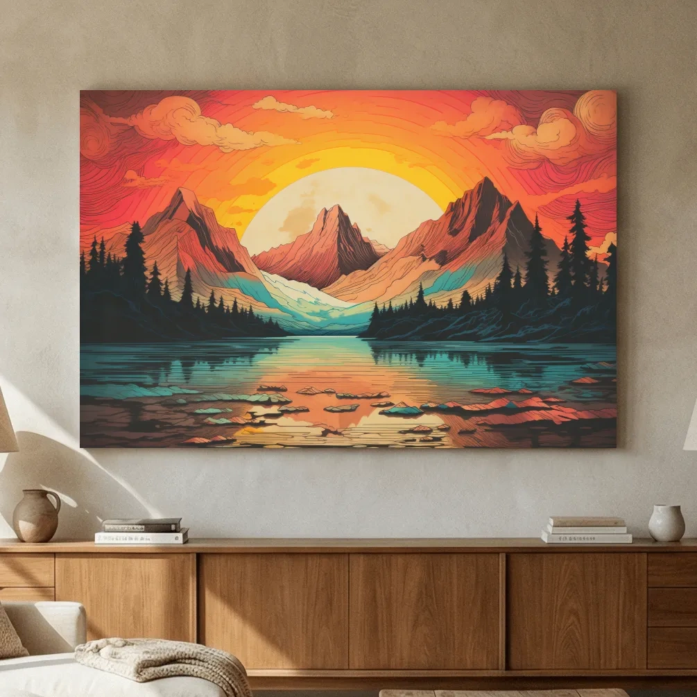 Vibrant Retro Alpine Lake Sunset - Stylized Mountain Wall Art