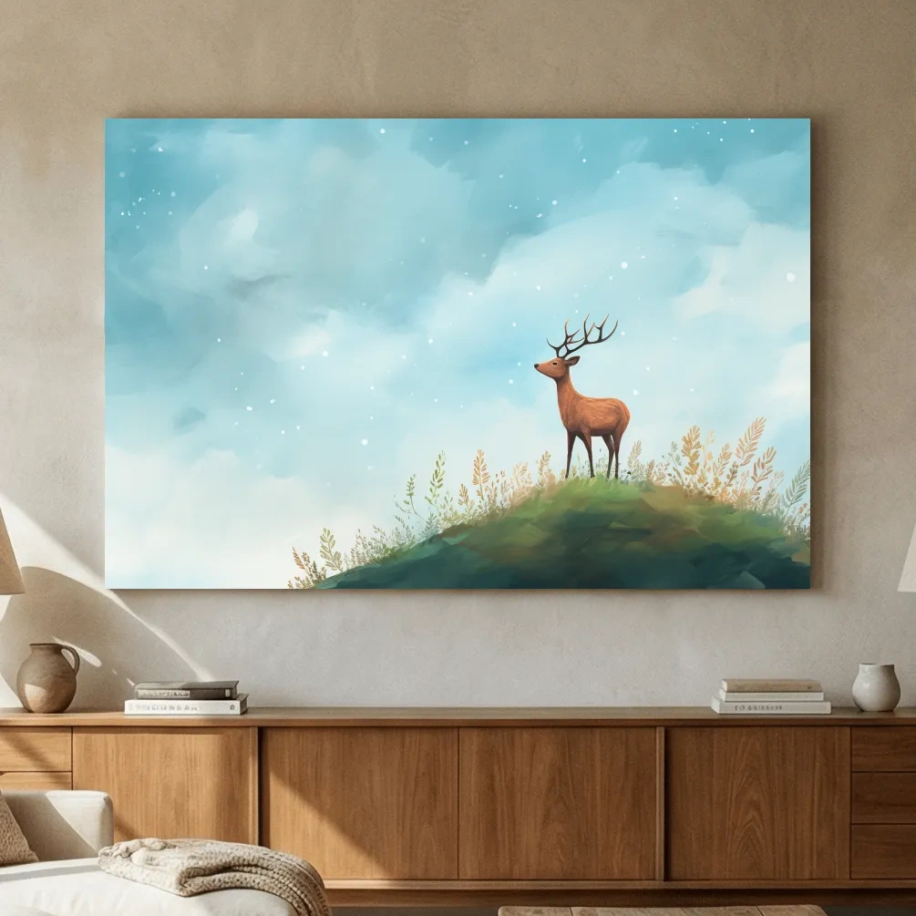 Whimsical Watercolor Stag On Meadow Hill - Nursery Woodland Wildlife Wall Art