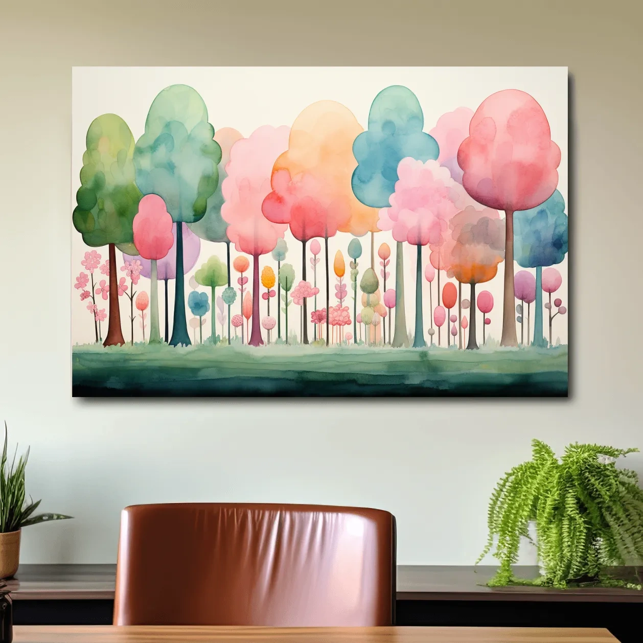 Watercolour painting of a dreamy colourful forest