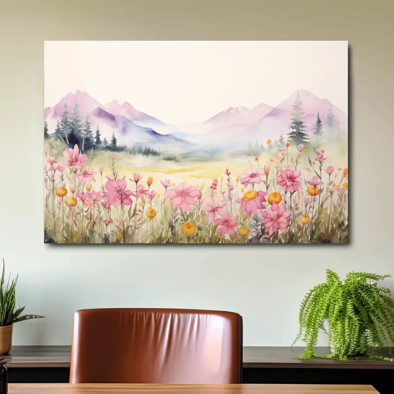 Pastel Wildflower Meadow Mountains Watercolor - Serene Alpine Wall Art