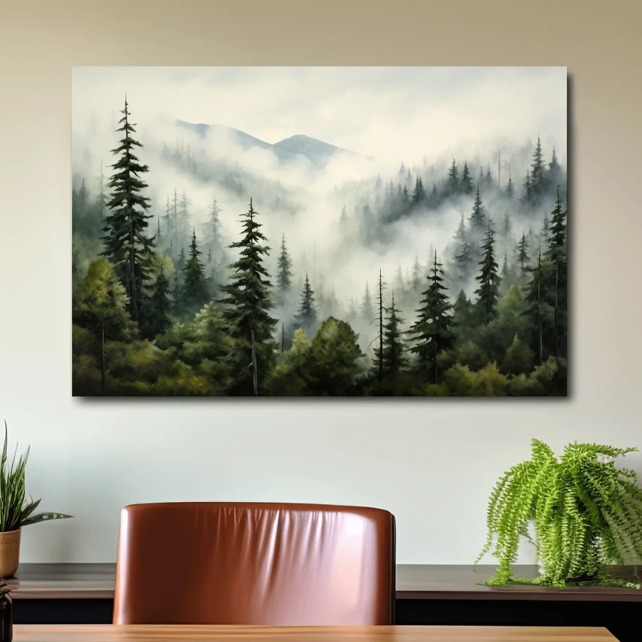 Painting of morning fog rolling through the forest