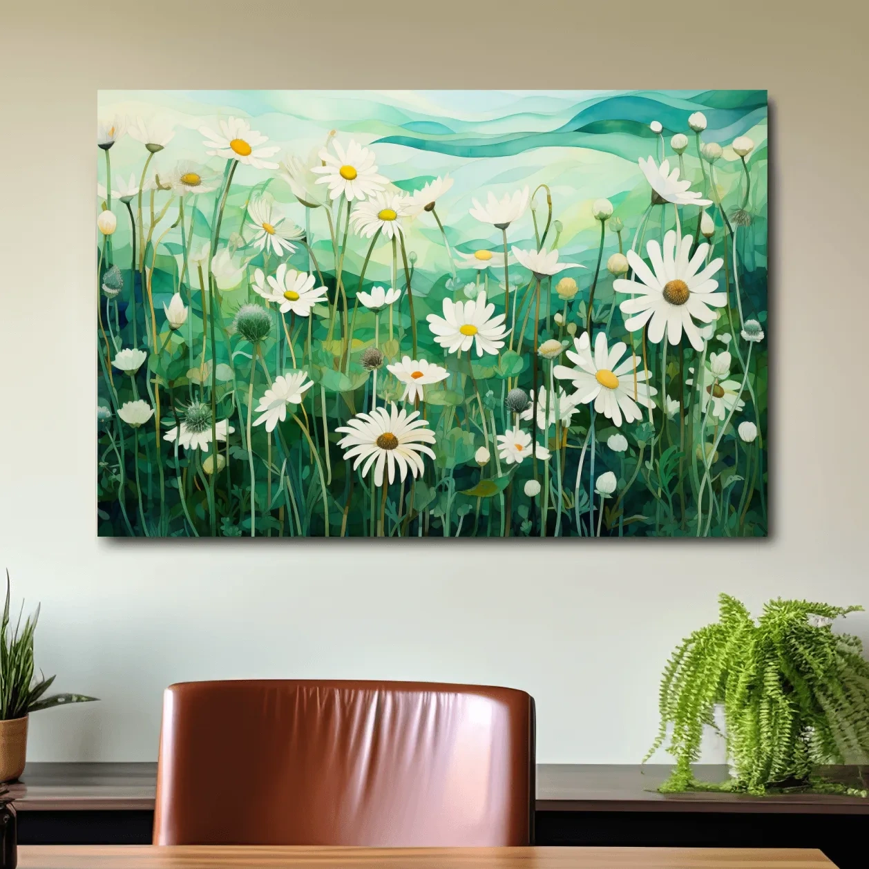 Whimsical Wild Daisy Meadow Landscape - Botanical Watercolor Style Wall Art