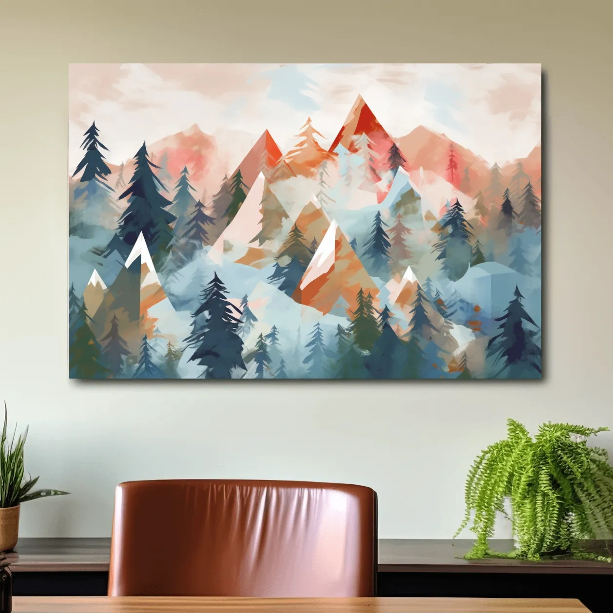 Abstract Watercolor Alpine Mountains And Pine Forest - Modern Geometric Landscape Wall Art