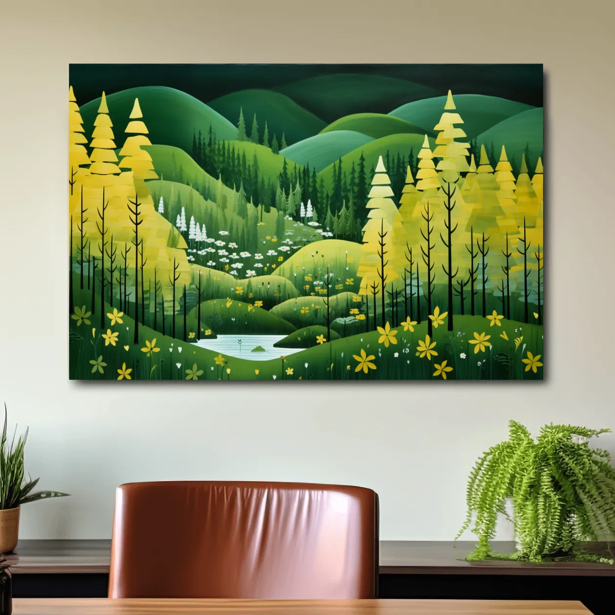 Painting of a pine autumn forest and rolling green hills