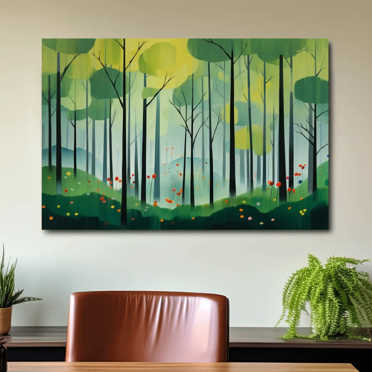 Whimsical Misty Forest Grove Illustration - Woodland Landscape Wall Art
