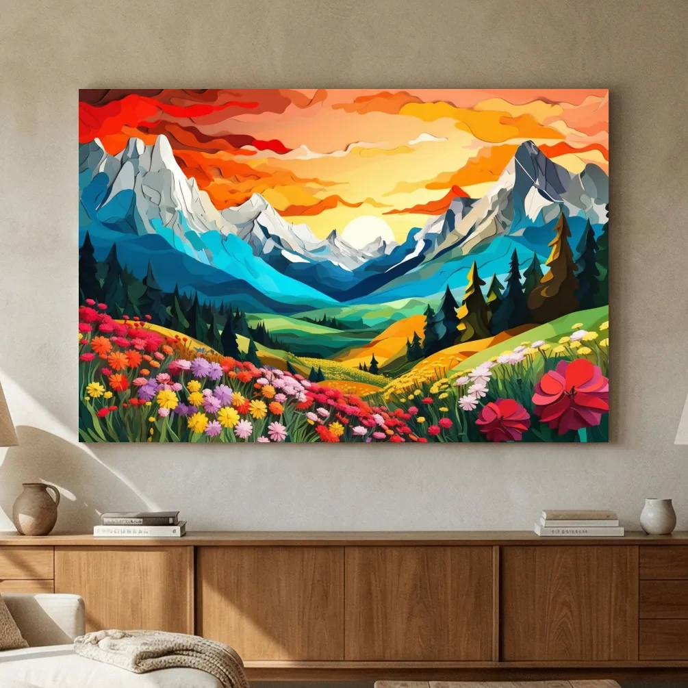 Vibrant Wildflower Mountain Valley Sunset - Colorful Paper Cutout Style Wall Art