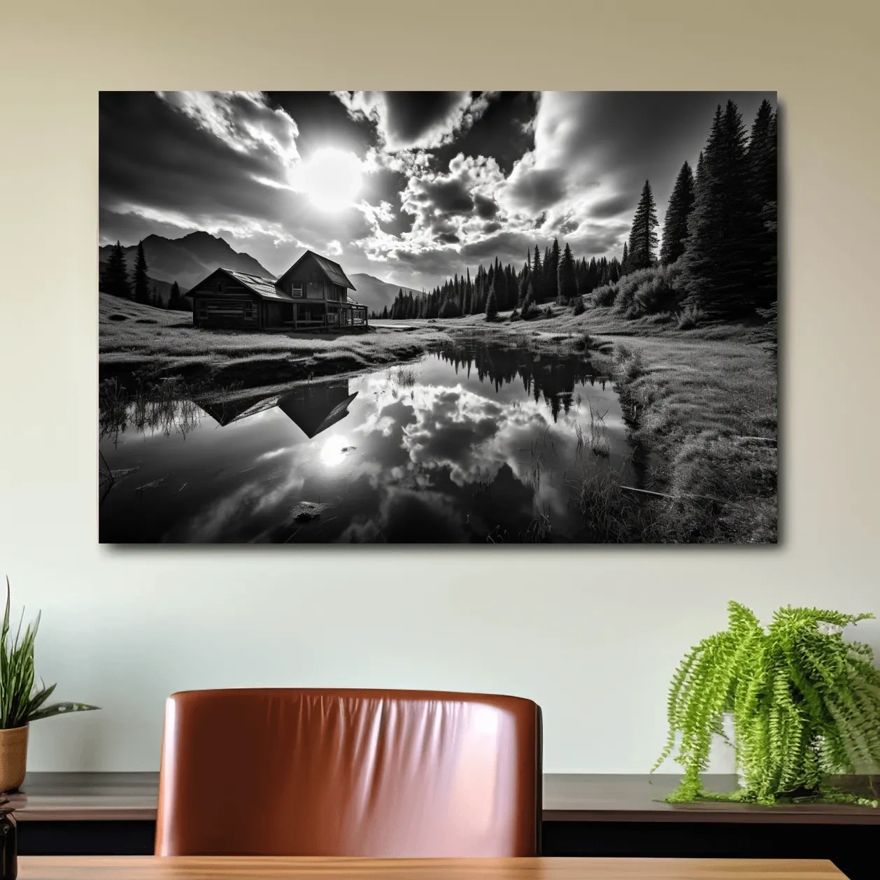 Black and white high contrast photograph of a cabin by the lake