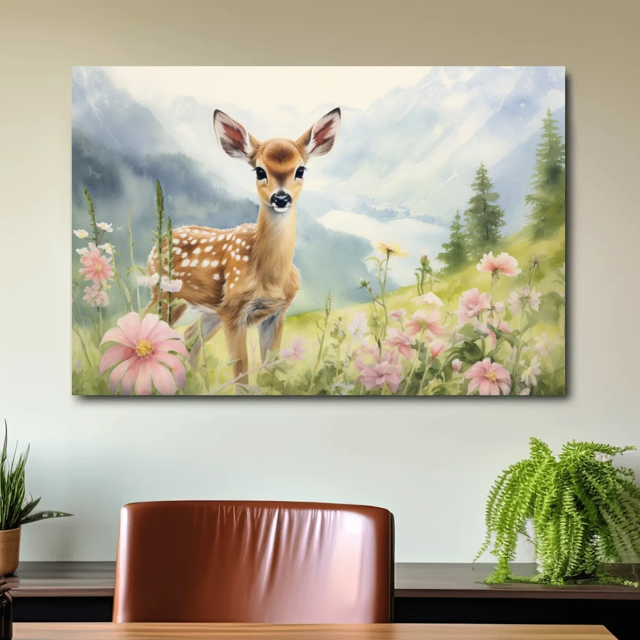 Painting of a deer fawn in the alpine meadows