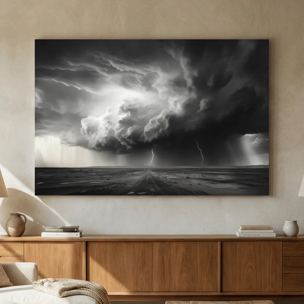 Moody Monochrome Thunderstorm Lightning Landscape - Dramatic Storm Cloud Wall Art