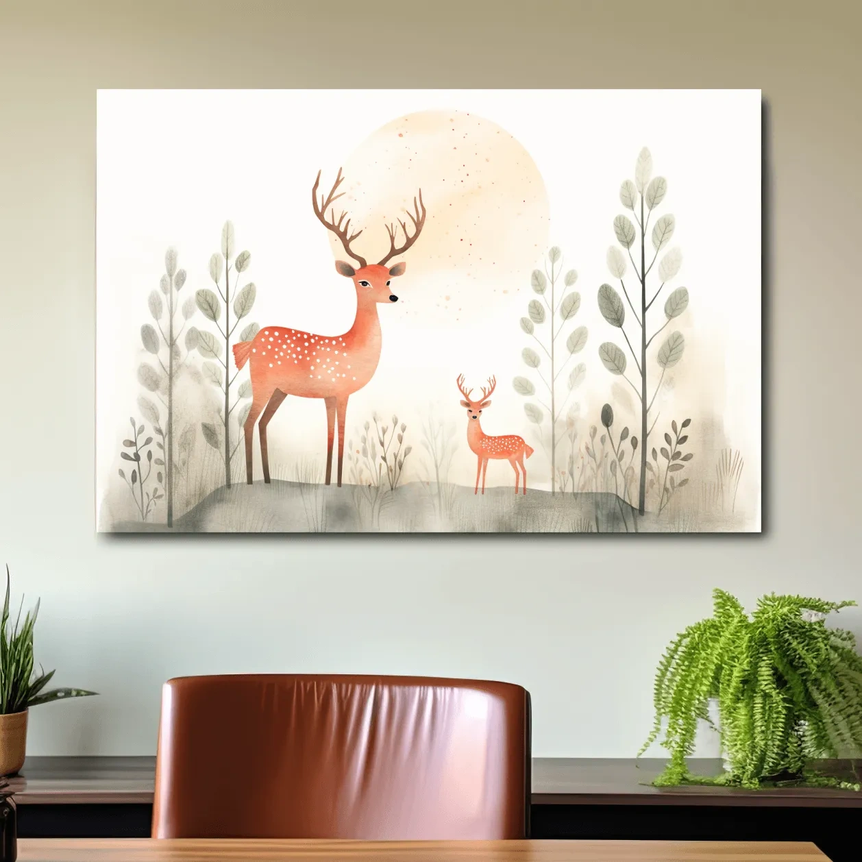 Storybook childrens illustration art, cute deer family in the forest, nursery wall art