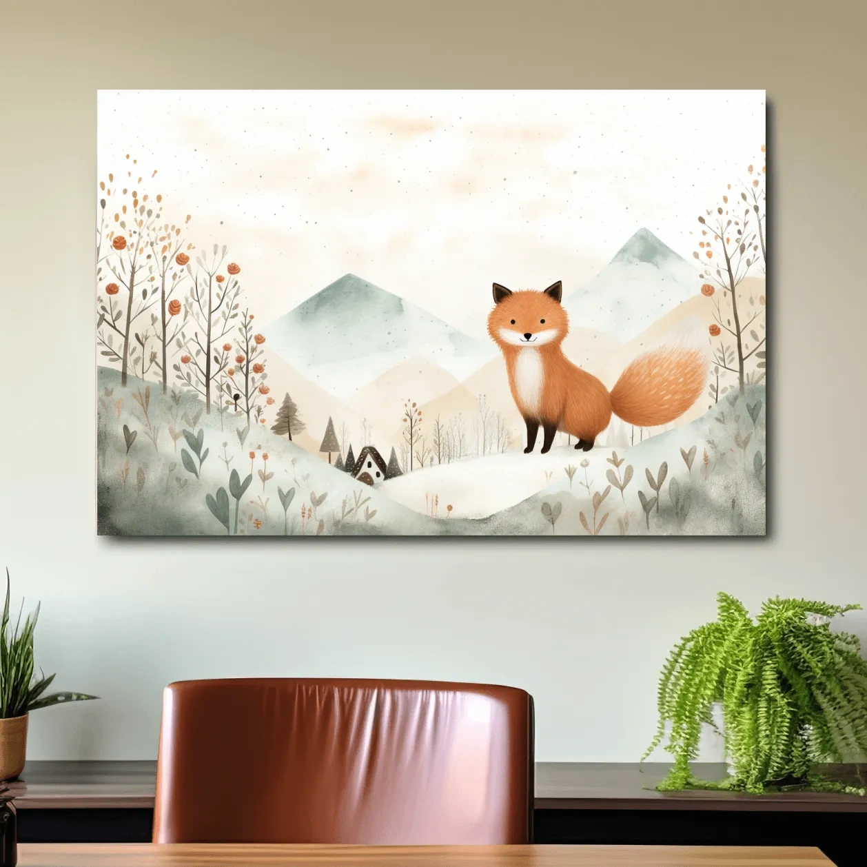 Cute happy fox in the mountains, childrens storybook illustration artwork