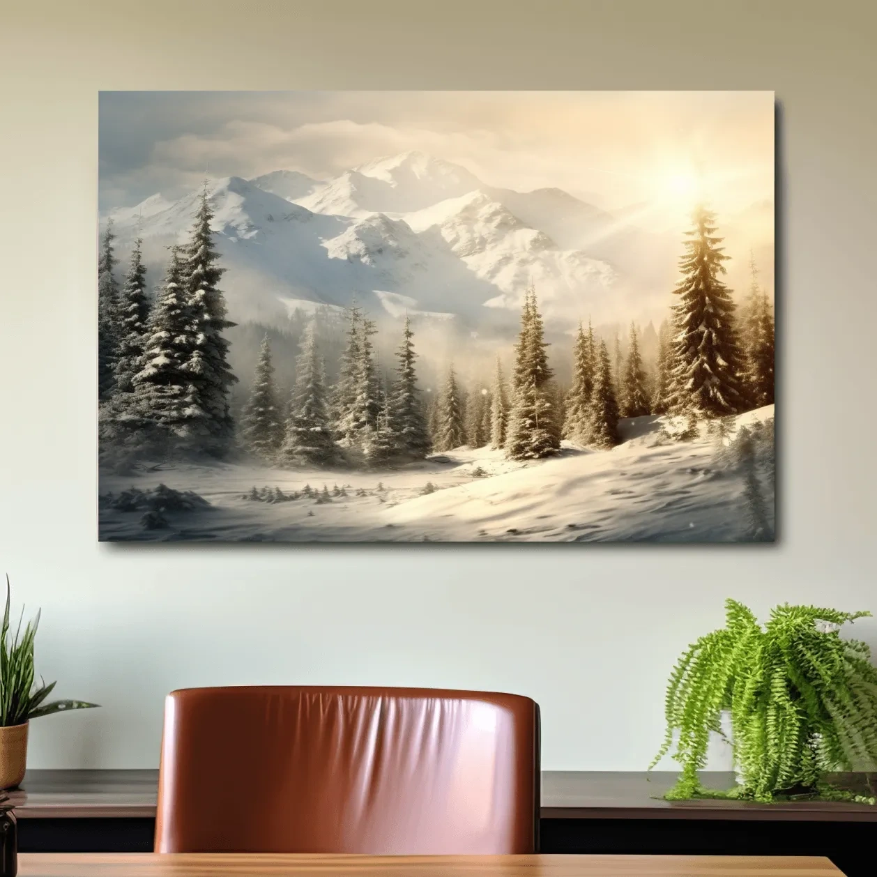 Golden Sunrise Snowy Mountain Landscape - Serene Winter Pine Forest Wall Art