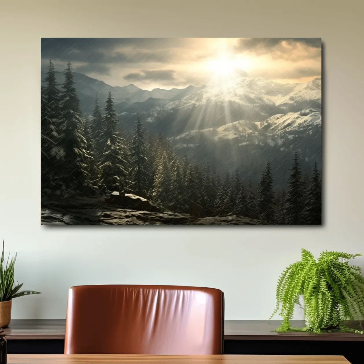 Mountain Snowstorm Sunrise Over Pine Forest - Dramatic Winter Landscape Artwork