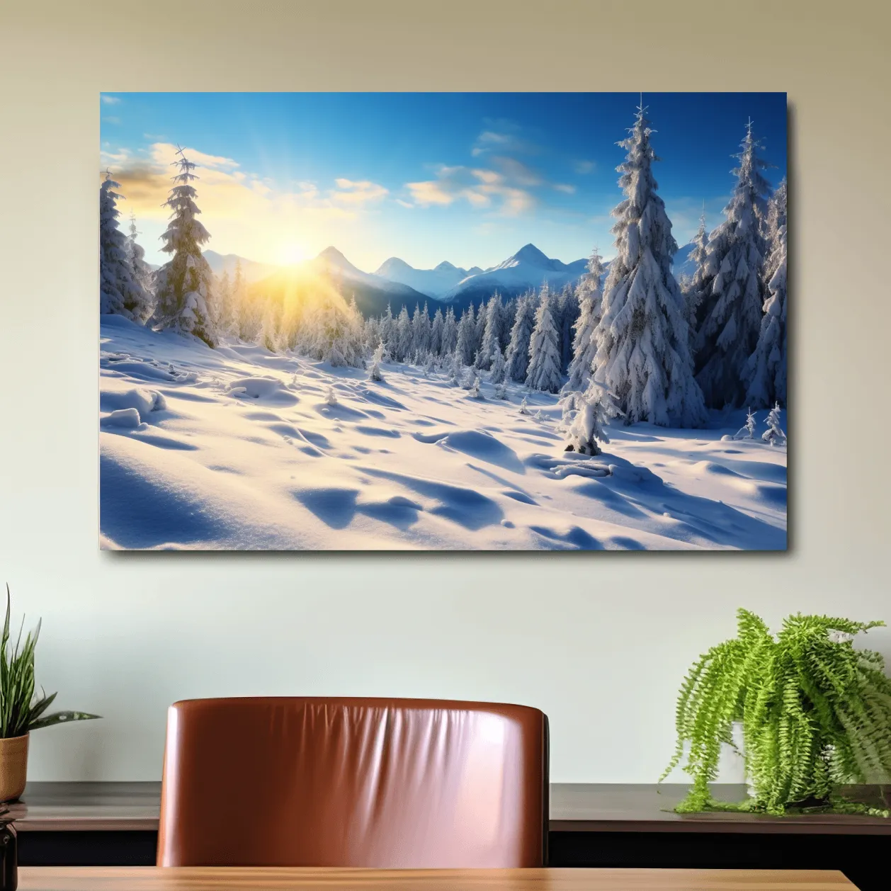 Snowy Sunrise Alpine Forest Landscape - Serene Photographic Nature Wall Art