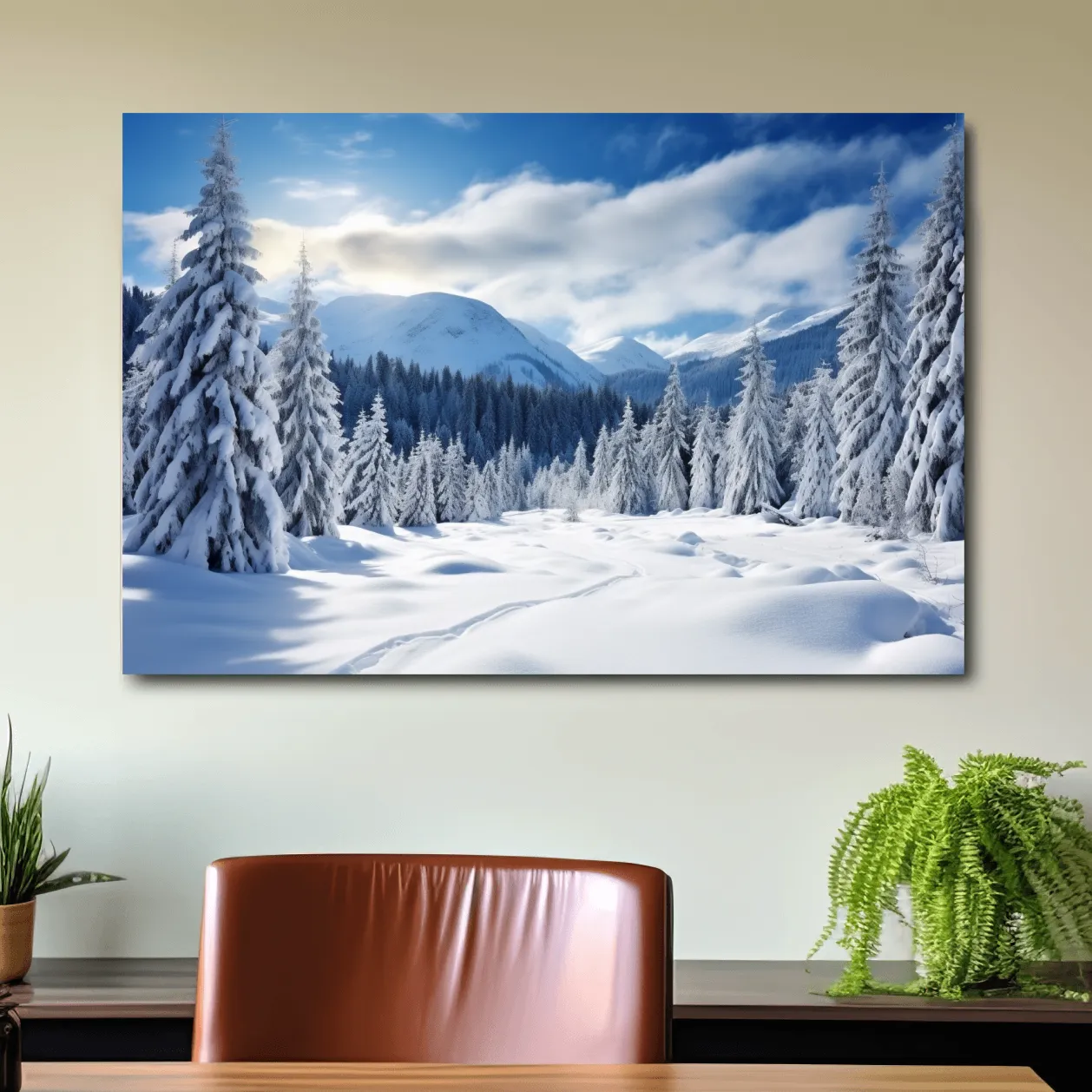 Skin tracks in the alpine, snow covered forest photograph art