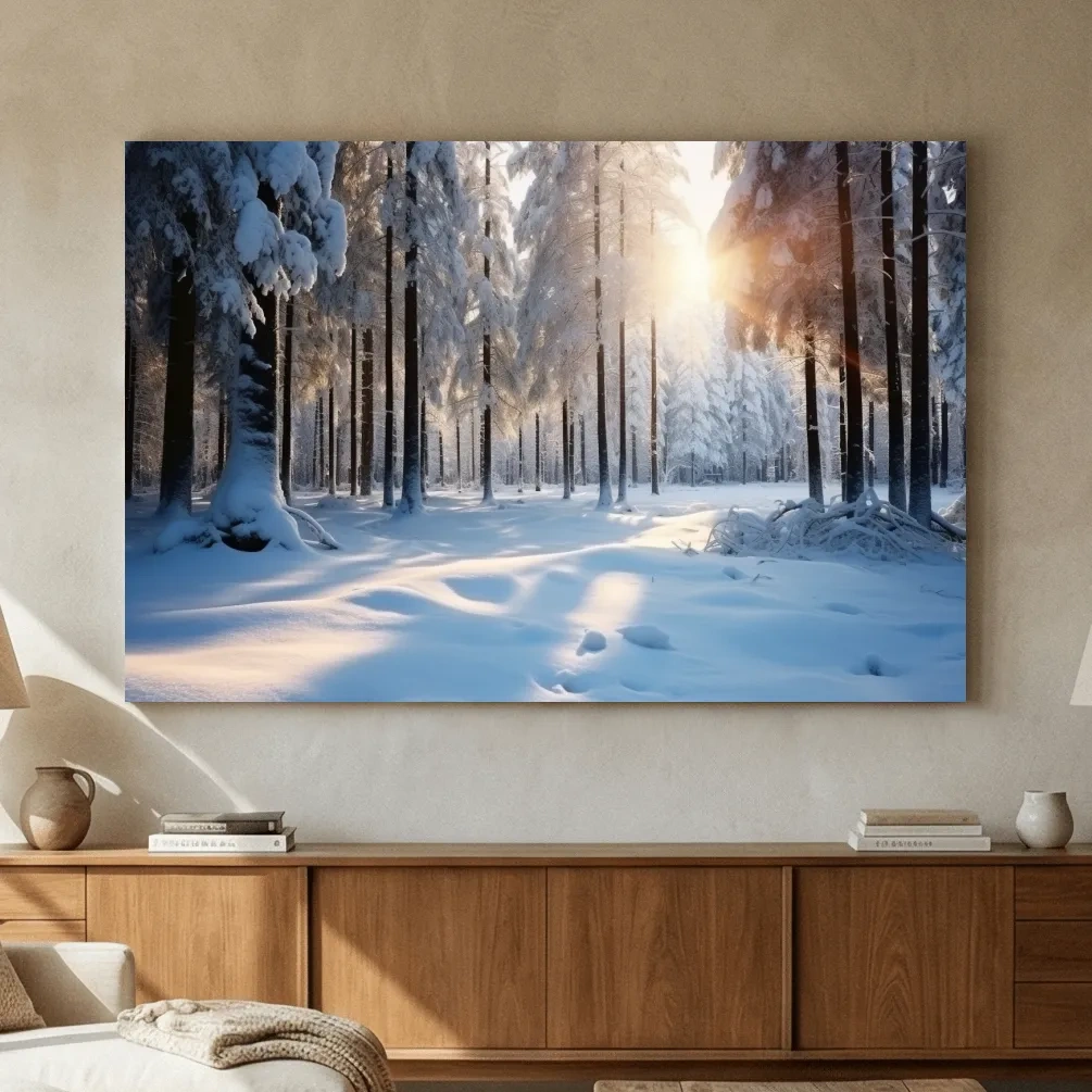 Sunlit Snowy Pine Forest Landscape - Serene Winter Nature Wall Art