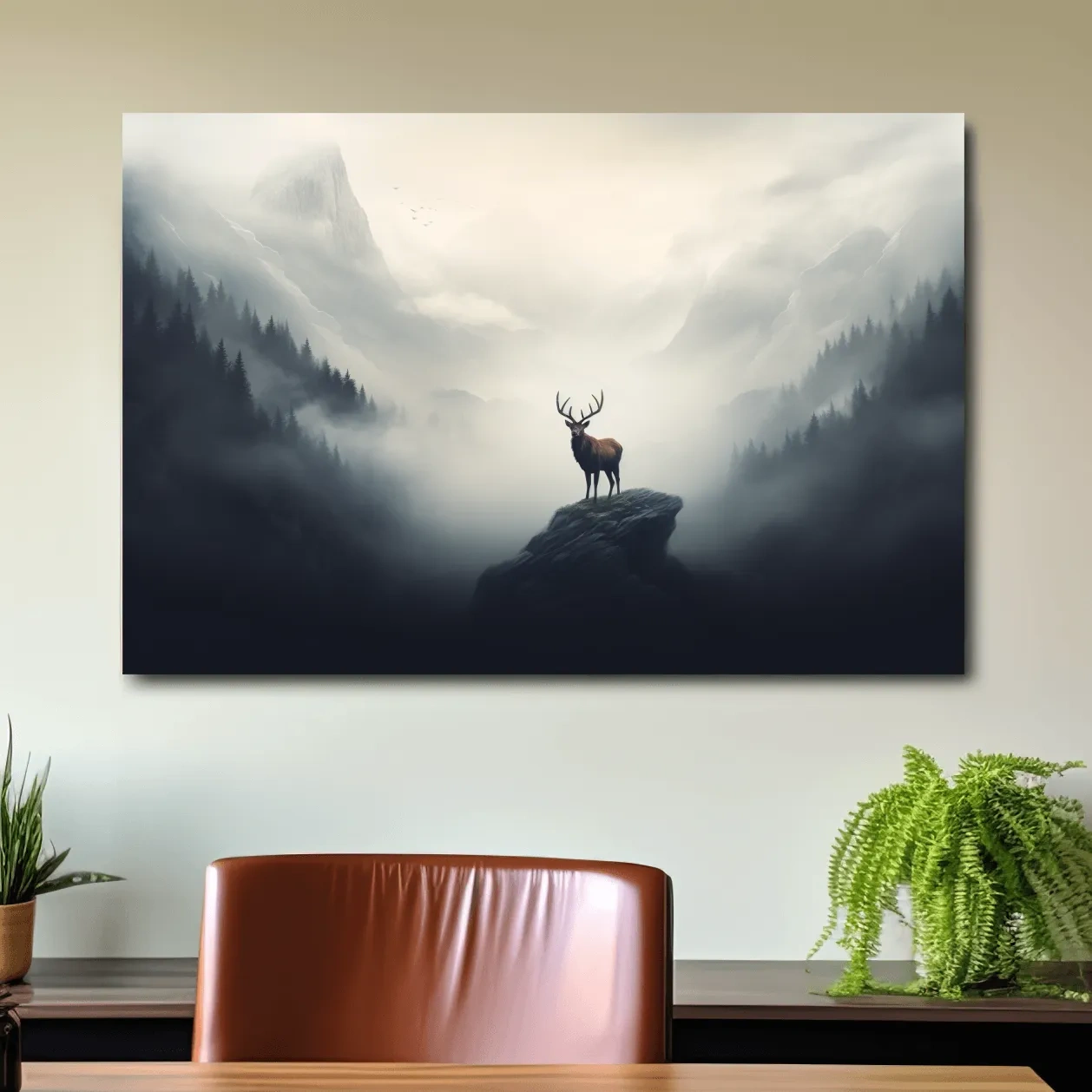 Painting of a majestic deer standing in the fog