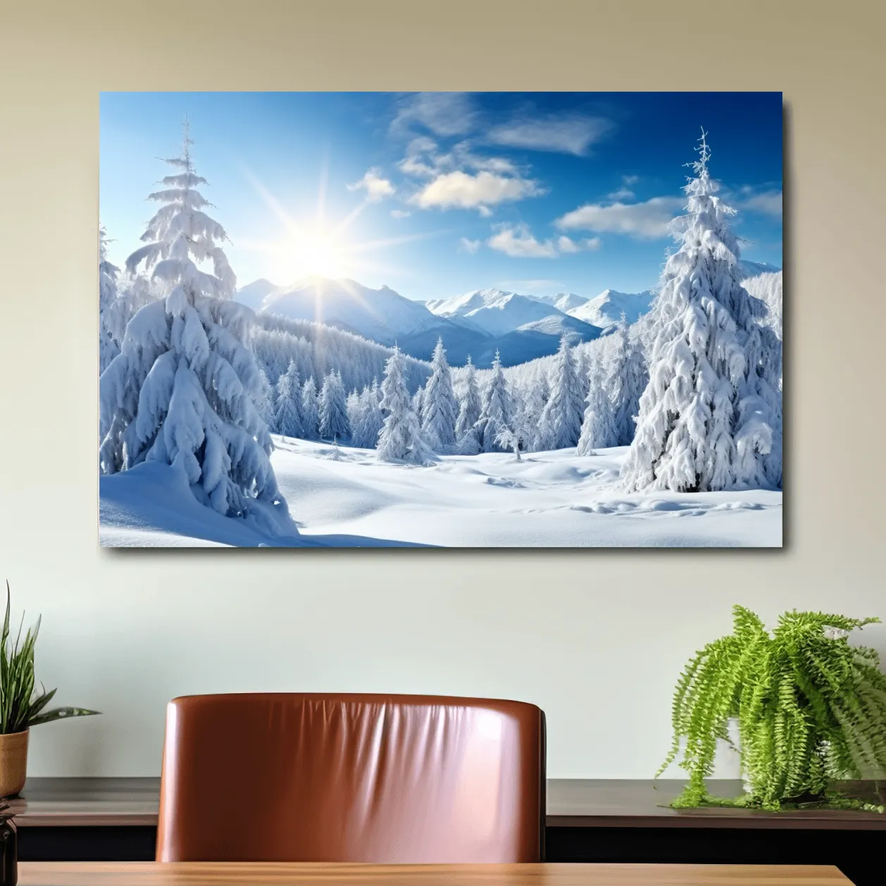 Photograph of a snow covered forest and a clear blue sunny sky