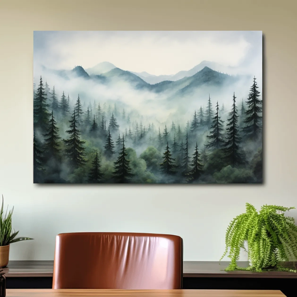 Painting of fog rolling through the trees and mountains