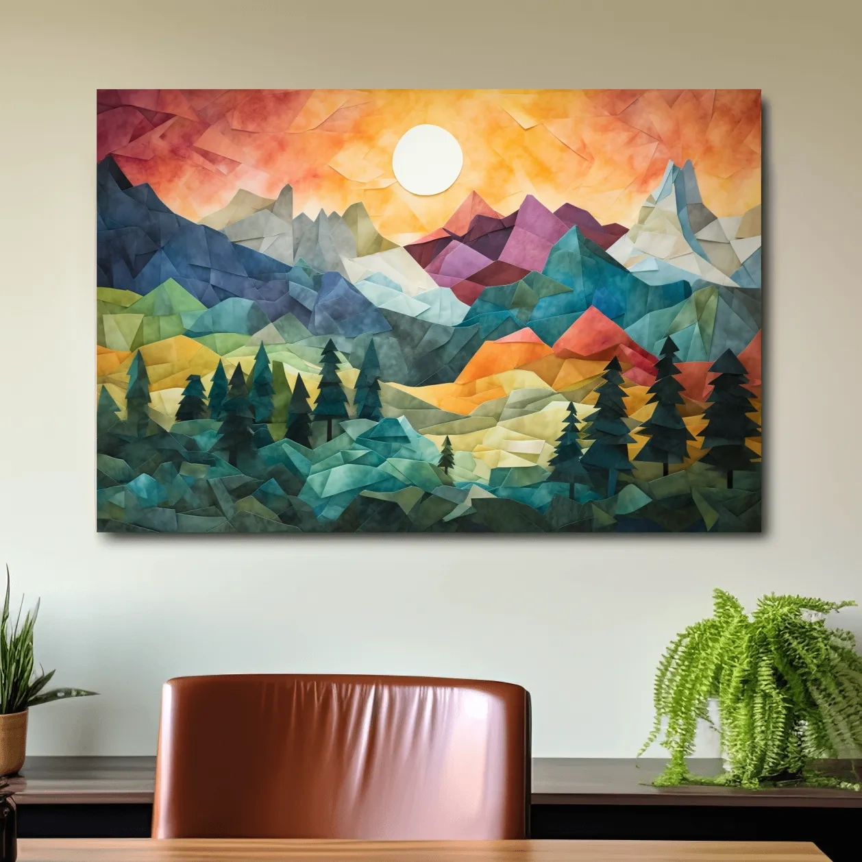 Abstract alpine mountain art at sunset, mixed media patchwork style