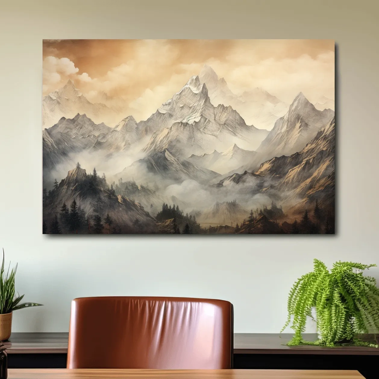 Alpine glacier scene at sunset, sketch style drawing artwork, high alpine landscape wall art 