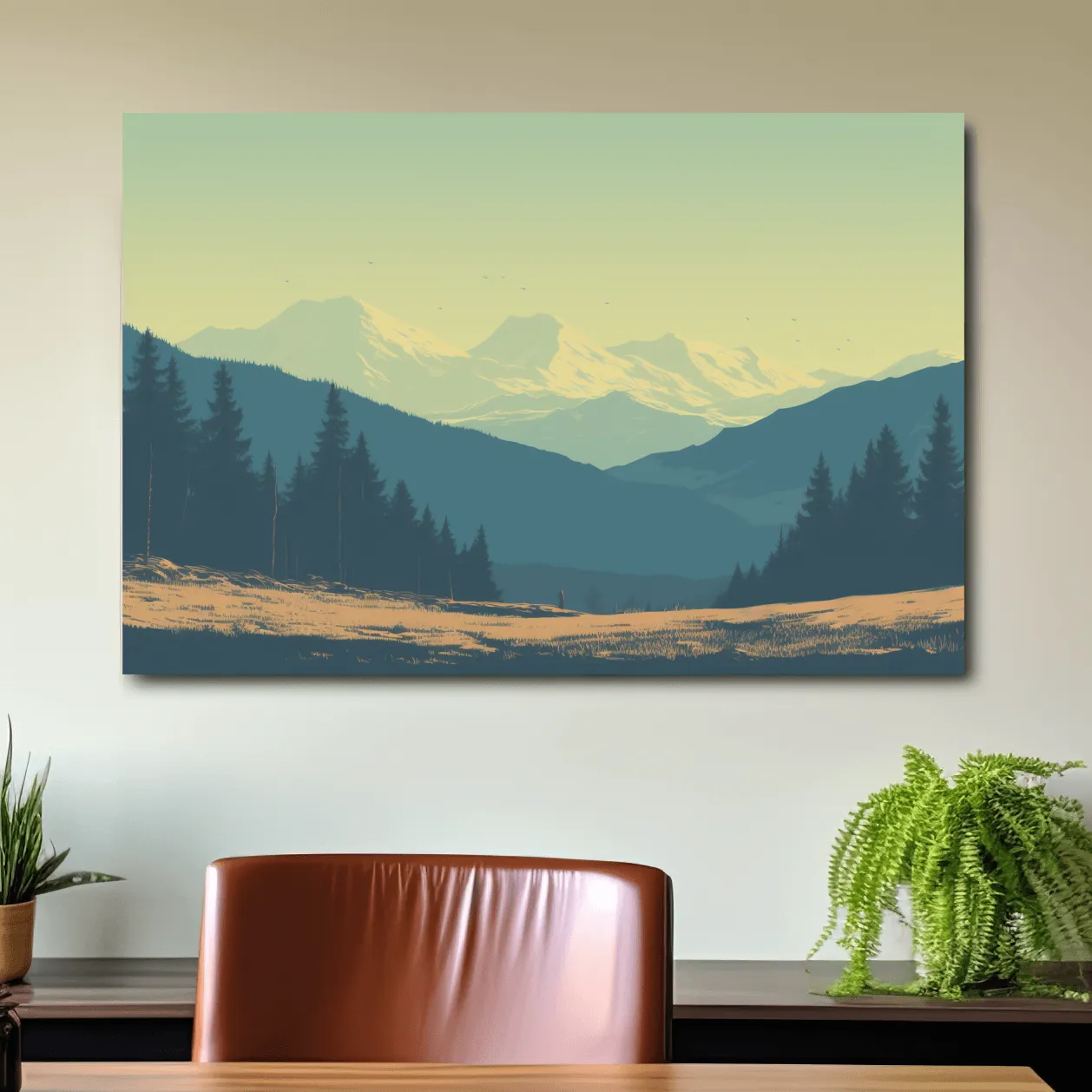 Pacific North West hazy glacier mountain scene, postcard style vector artwork