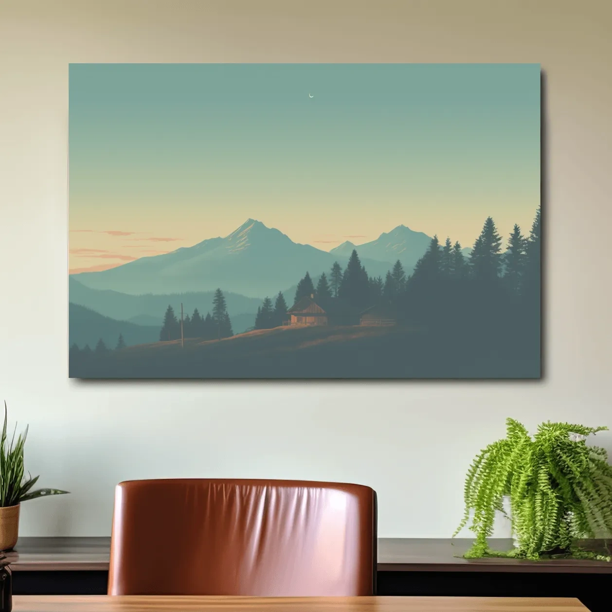 Hazy Alpine Cabin Mountain Sunset - Serene Vintage Landscape Wall Art