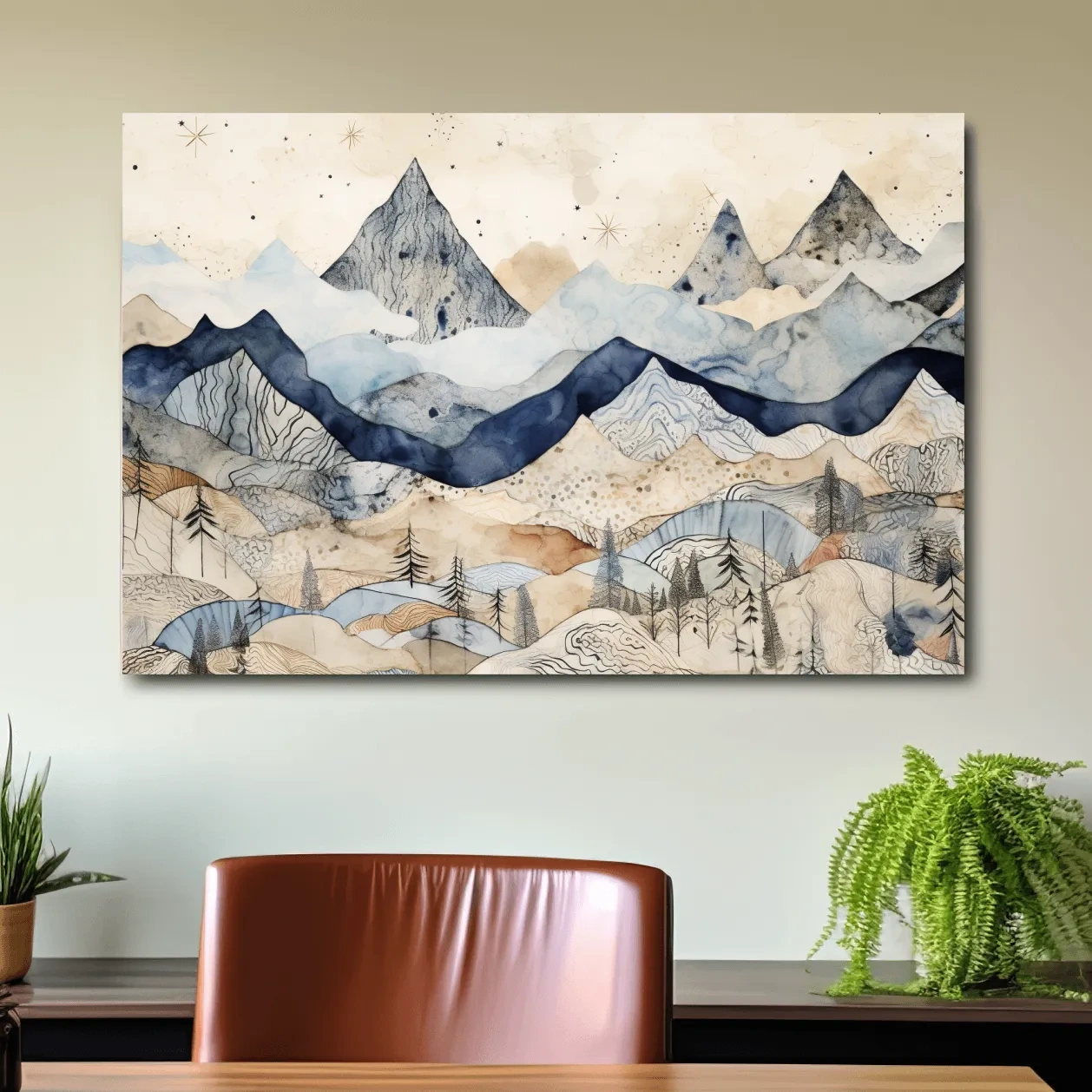 Surreal alpine mountain landscape art, patchwork style artwork