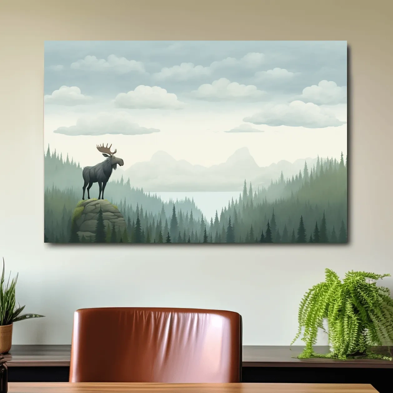 Majestic Moose Over Pine Forest - Nursery Wildlife Mountain Wall Art
