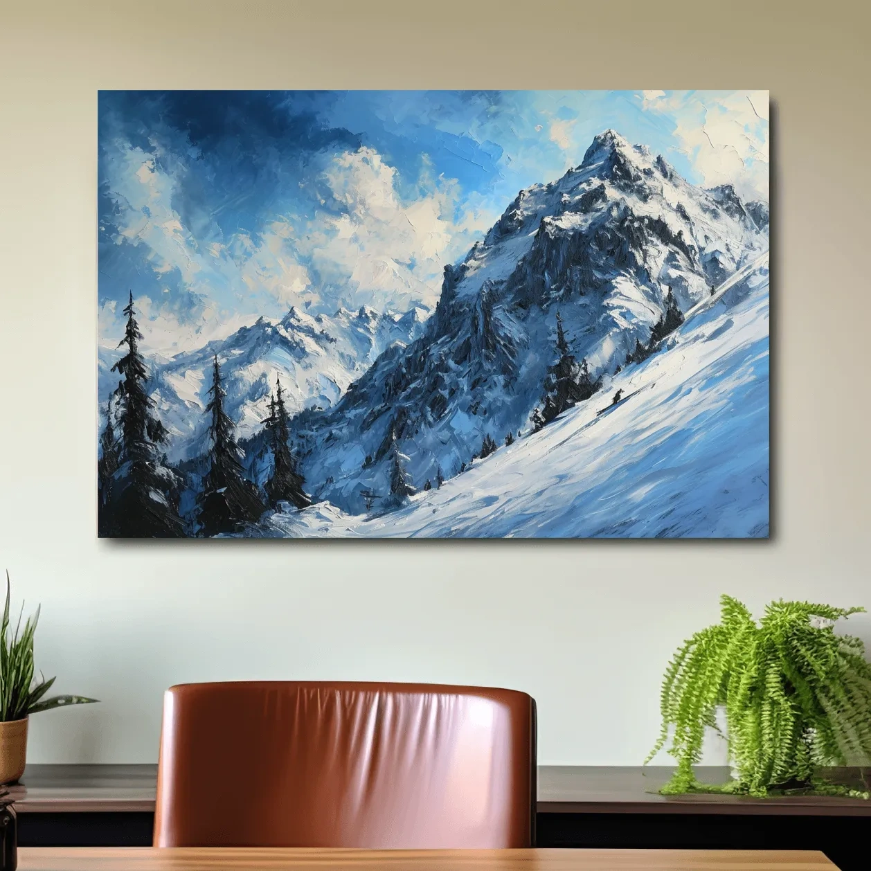 Textured oil painting of alpine snowy mountain