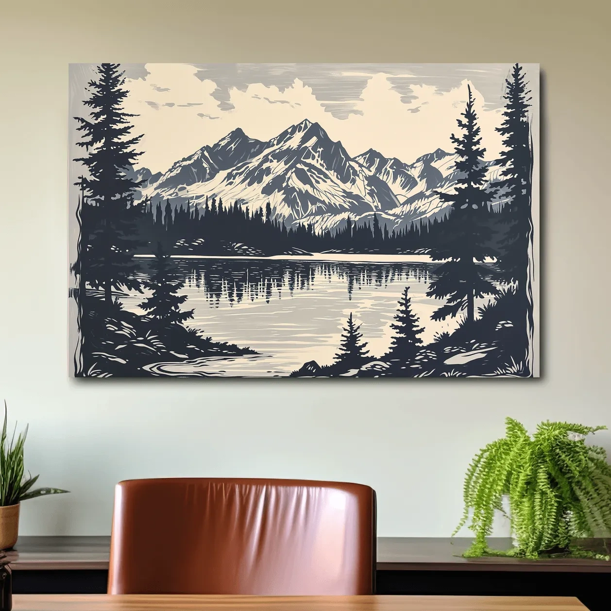 Alpine lake artwork, linocut style art