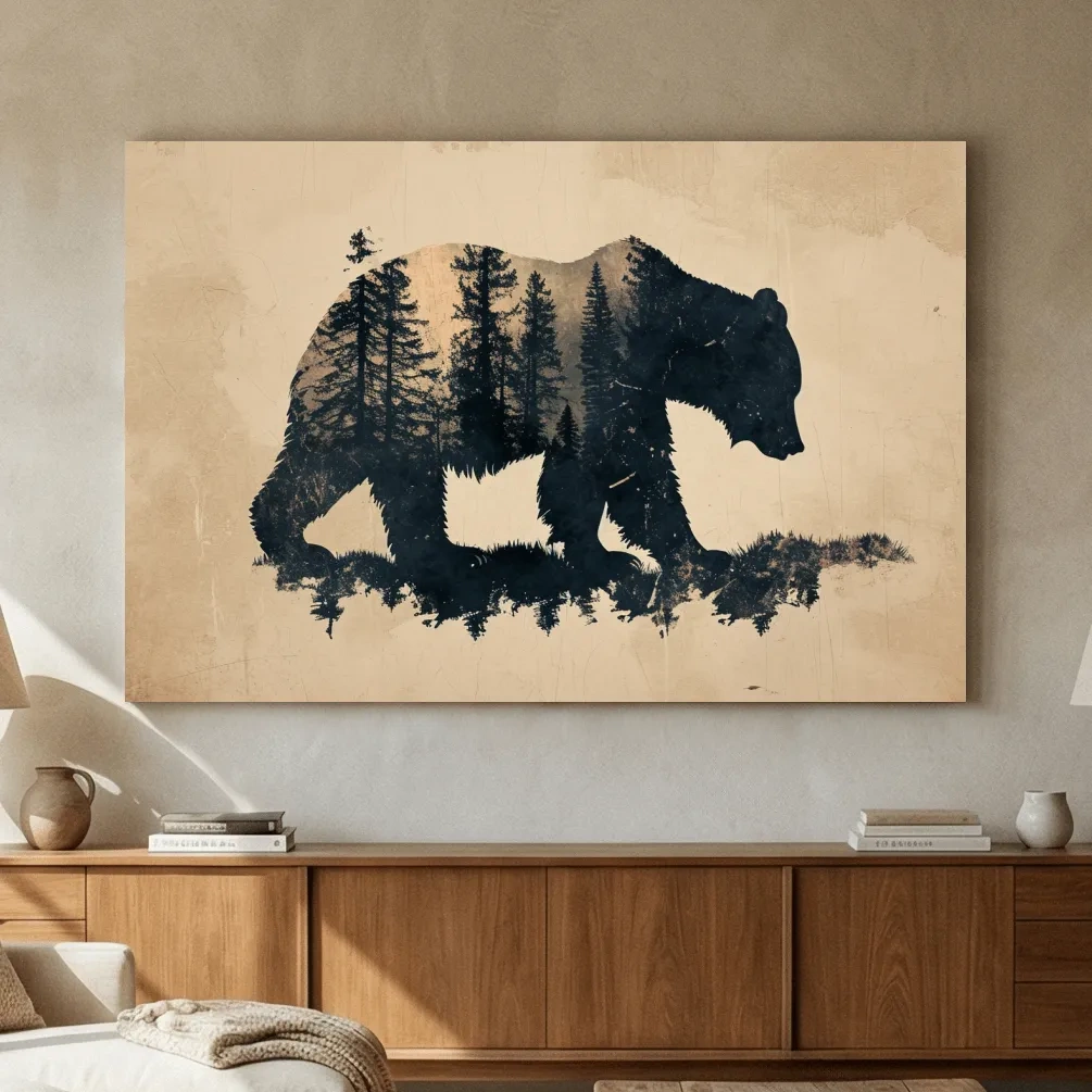 Vintage Grizzly Bear Forest Silhouette - Rustic Sepia Double Exposure Wildlife Wall Art