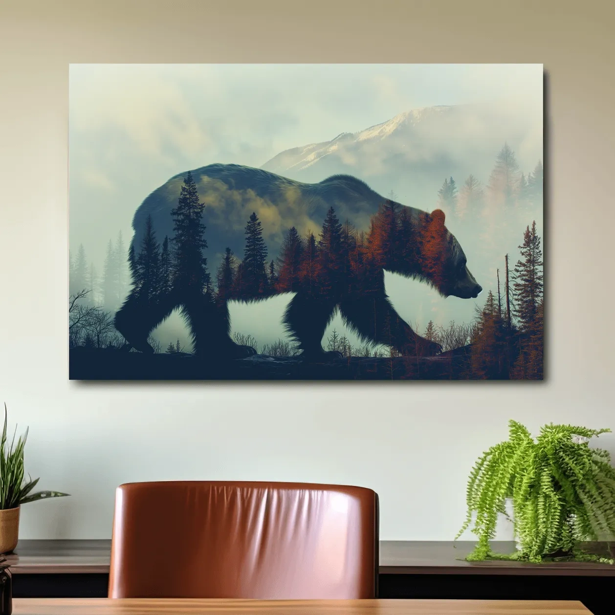 Moody Double Exposure Grizzly Bear Silhouette - Misty Pine Forest Mountain Wall Art
