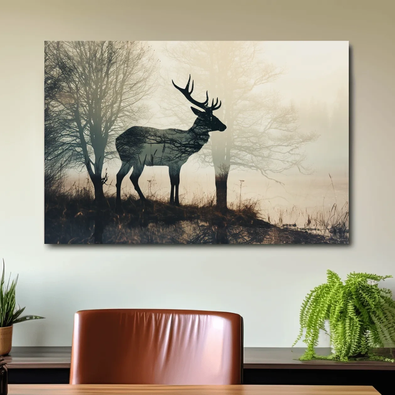 Double exposure photographic artwork of a deer silhouette in the forest