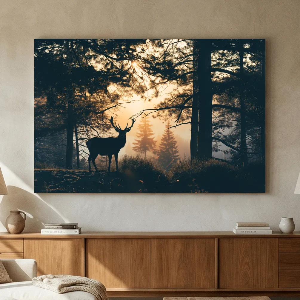 Moody Deer Silhouette In Misty Pine Forest - Golden Sunrise Wildlife Wall Art