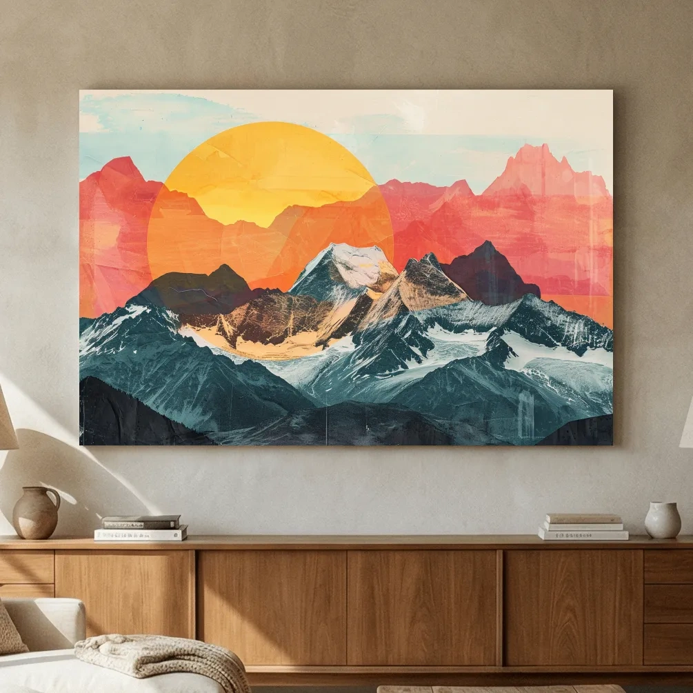 Abstract Alpine Mountains With Golden Sun - Modern Collage Landscape Artwork