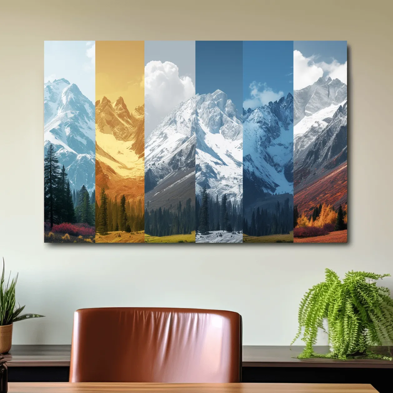Alpine mountain artwork, forest and glacier, split panel changing of seasons inspired