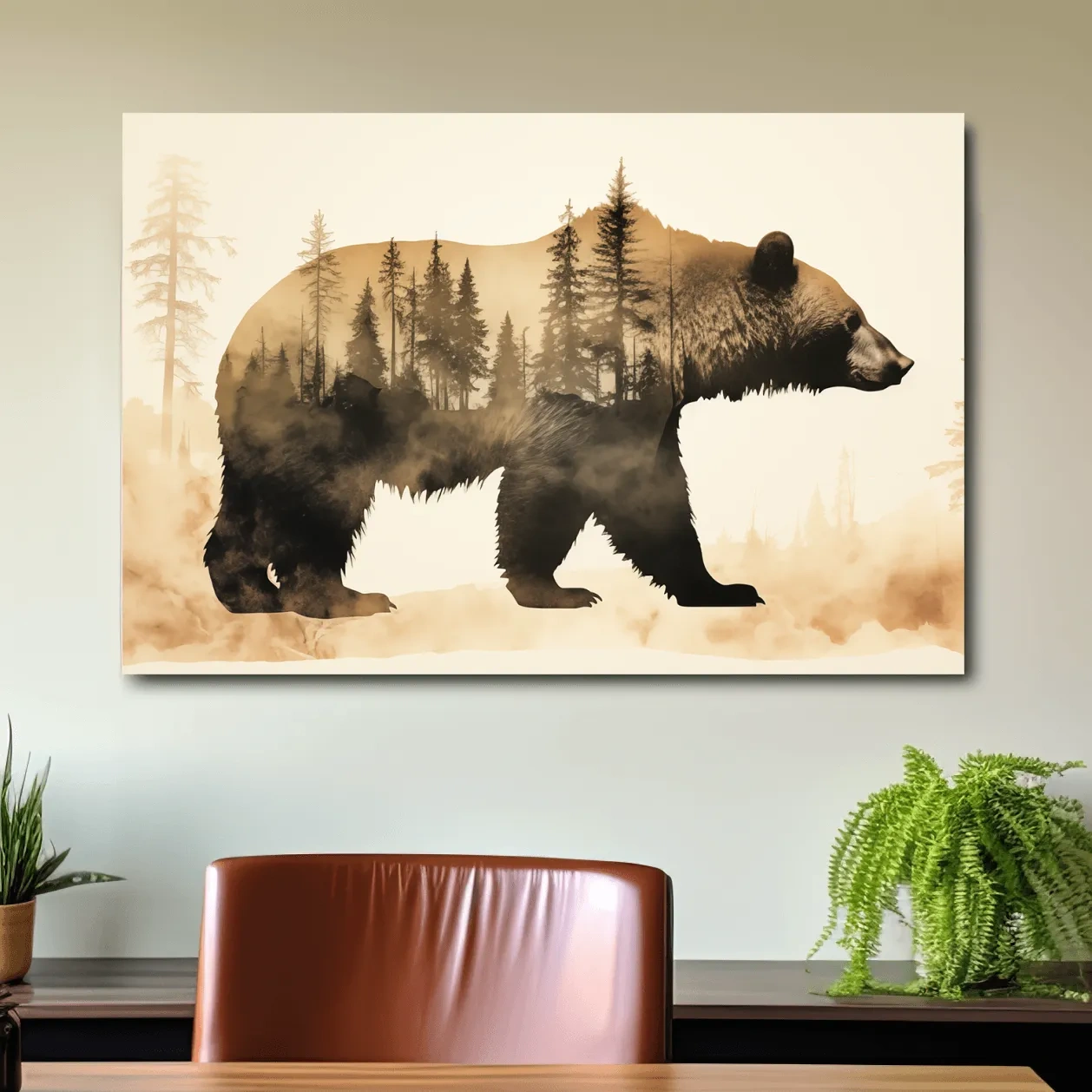 Double exposure vintage style artwork, a grizzly bear and a forest