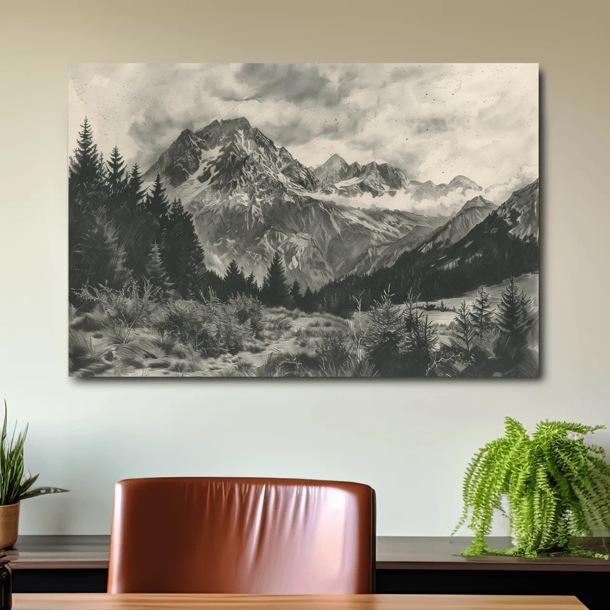 Monochrome Alpine Meadows Mountain Range - Vintage Sketch Landscape Wall Art