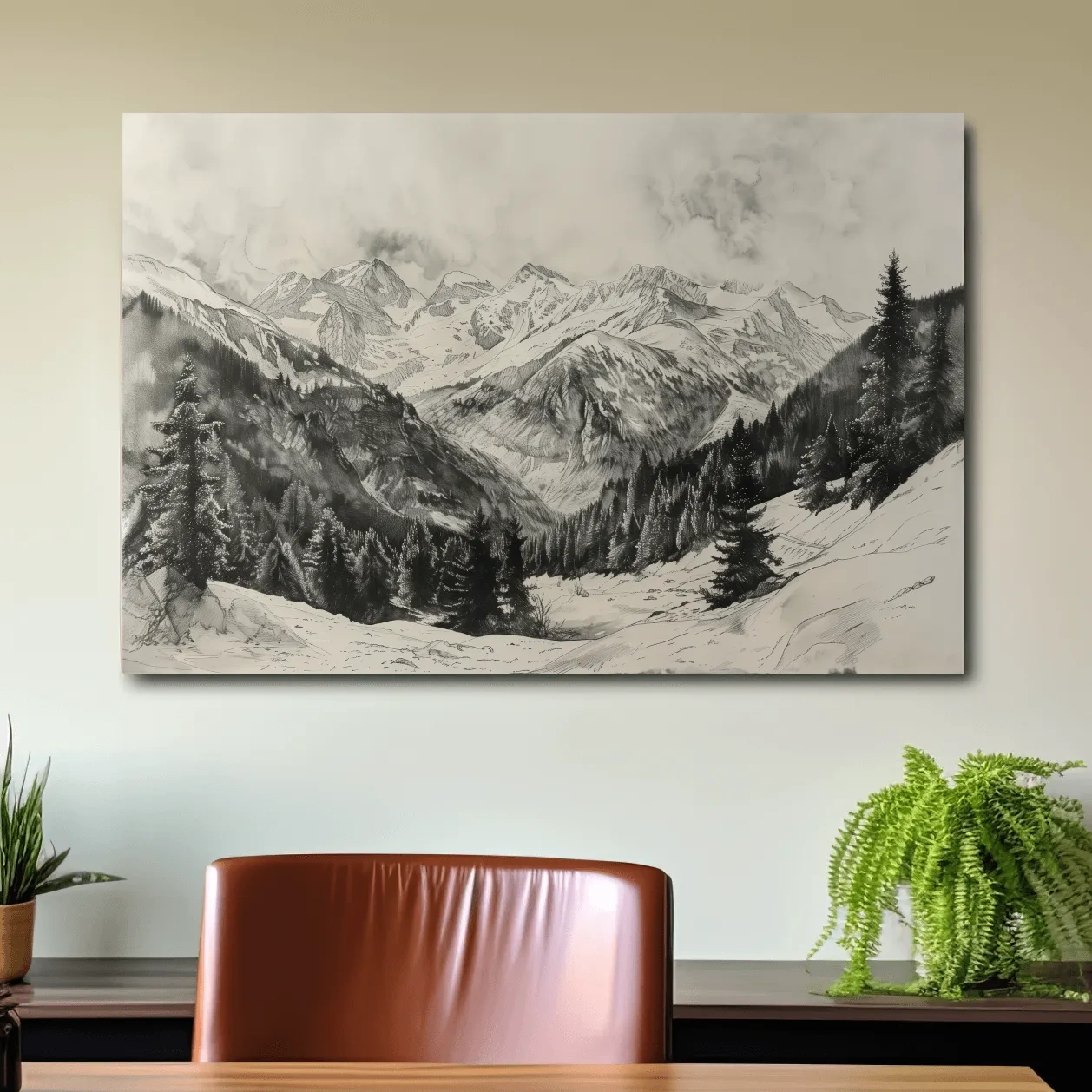Lead pencil drawing, alpine forest and glacier mountain artwork