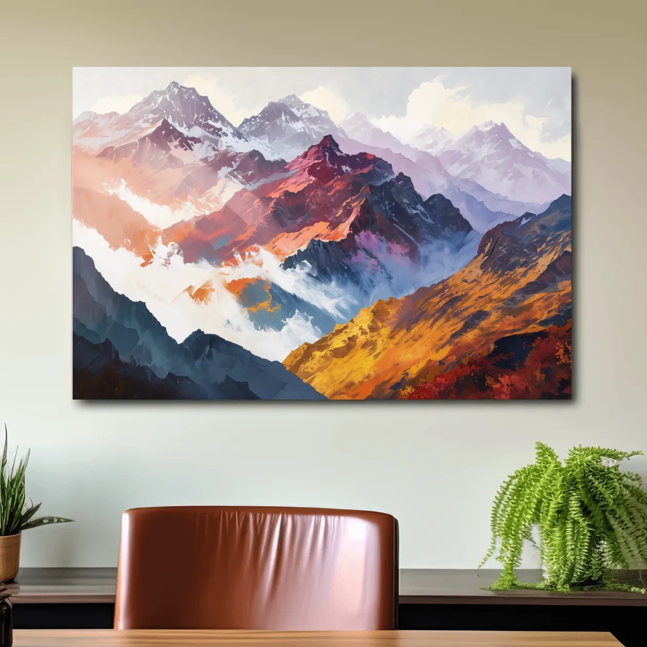 Impressionism style painting, abstract mountain ranges in fall