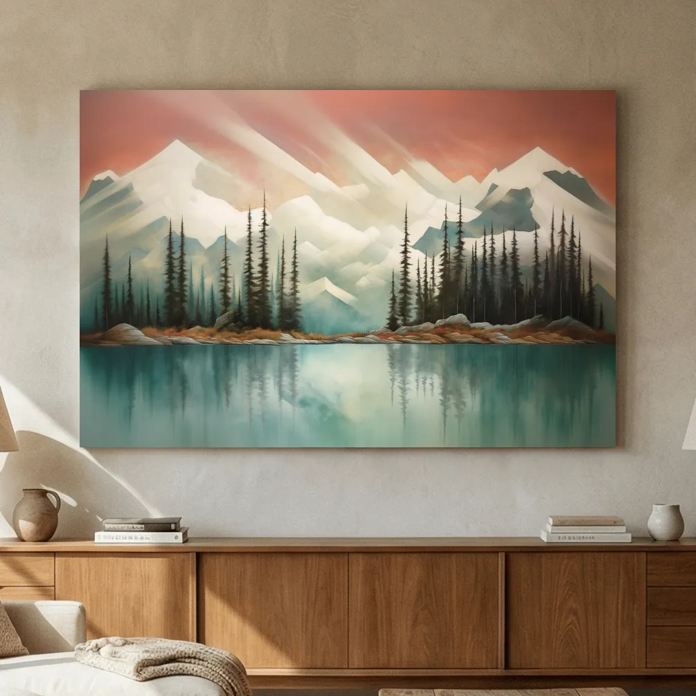 Abstract Alpine Lake Landscape Painting - Serene Pine Forest Mountain Wall Art