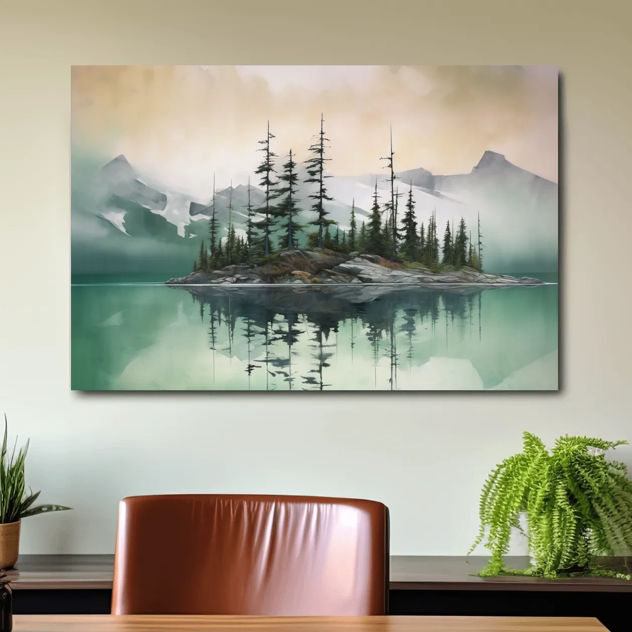 Misty Turquoise Alpine Lake Reflection - Serene Watercolor Mountain Landscape Wall Art