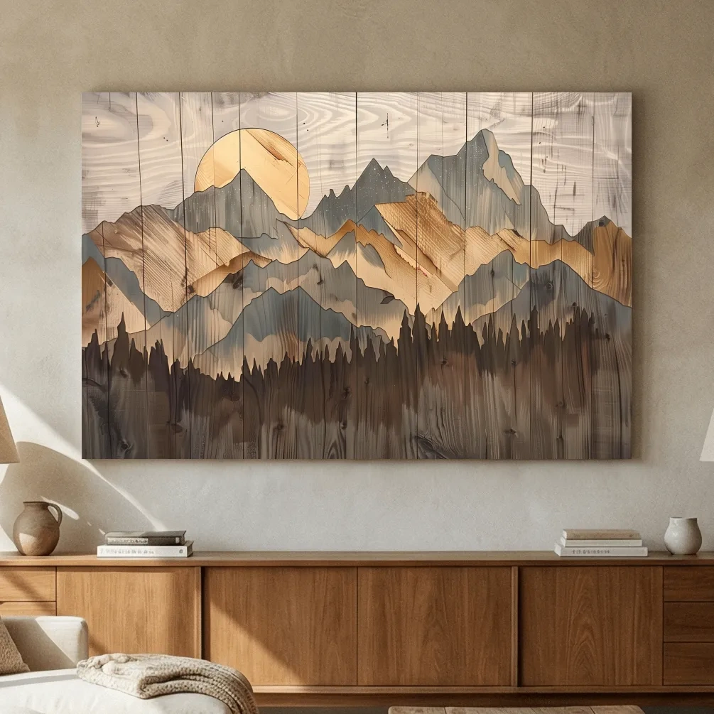 Rustic Mountain Range Sunrise - Woodgrain Style Forest Wall Art