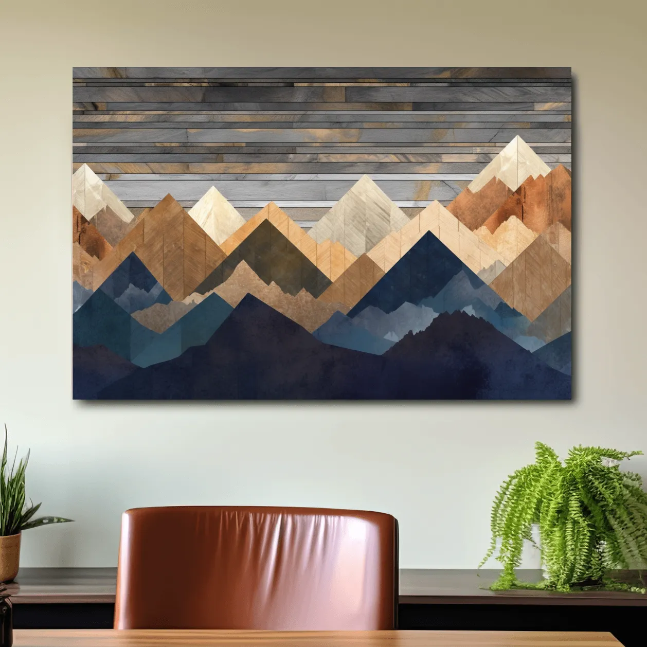 Geometric Layered Mountain Peaks - Rustic Wood Texture Abstract Wall Art
