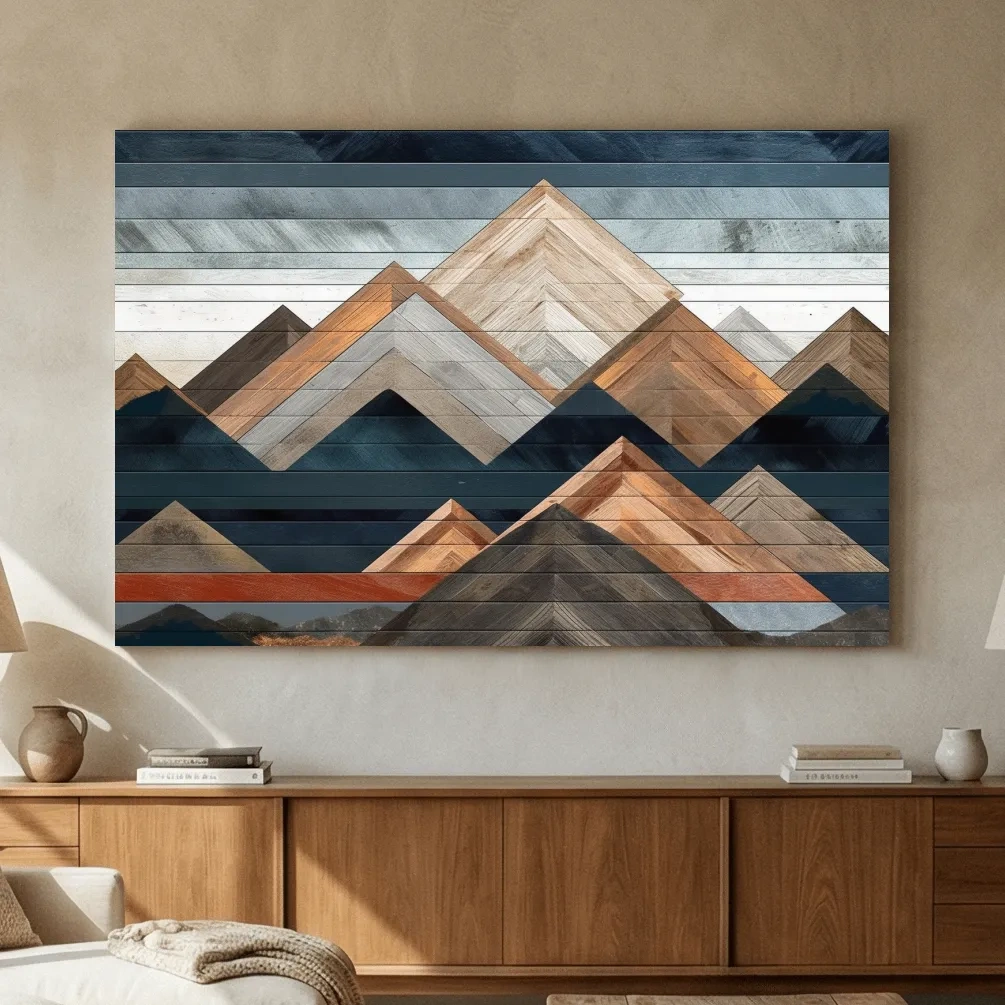 Geometric Woodgrain Mountain Peaks - Modern Abstract Landscape Wall Art