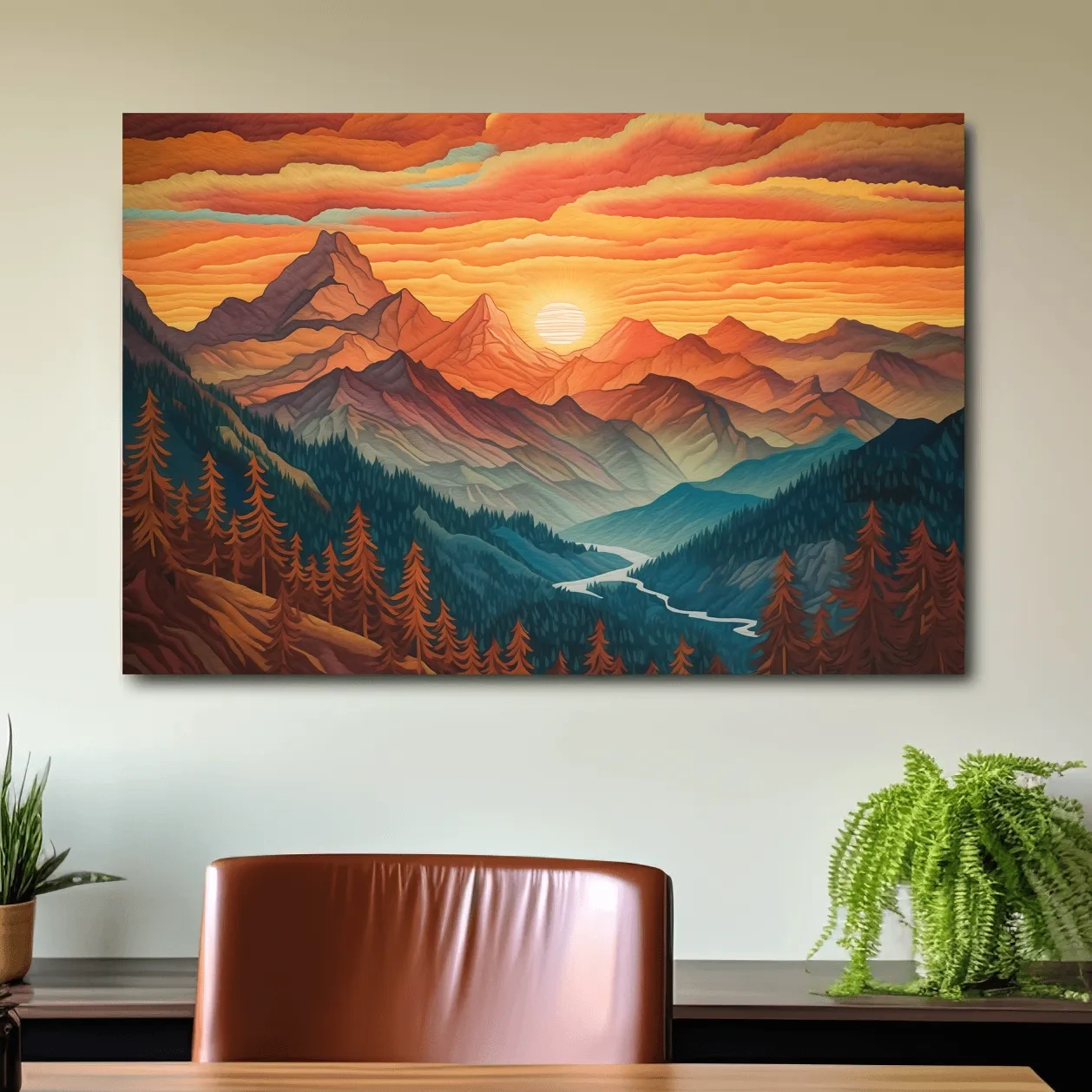Textured effect artwork of a mountain landscape at sunset